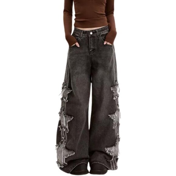 Stylish Y2K Patchwork Denim Pants for Women - Comfortable High-Waisted Baggy Fit - Picture 1 of 5